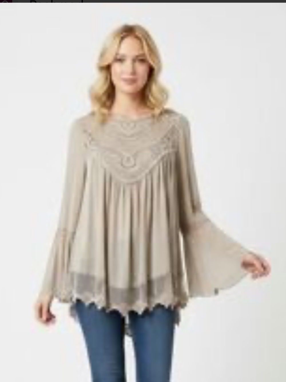 Silk blend Tunic Blouse lace Romantic  bell sleeve crochet trim size small